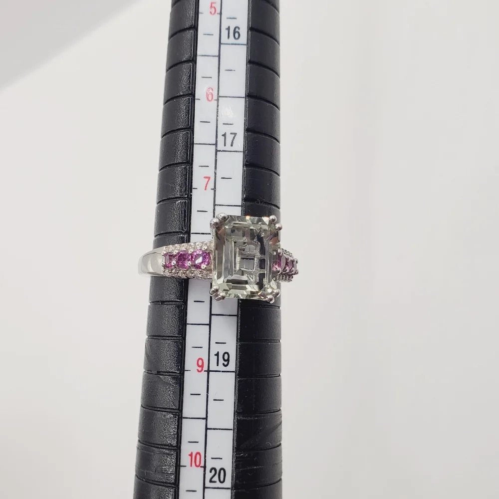Emerald Cut Montezuma Prasiolite & Pink Tourmaline 925 Sterling Silver Ring